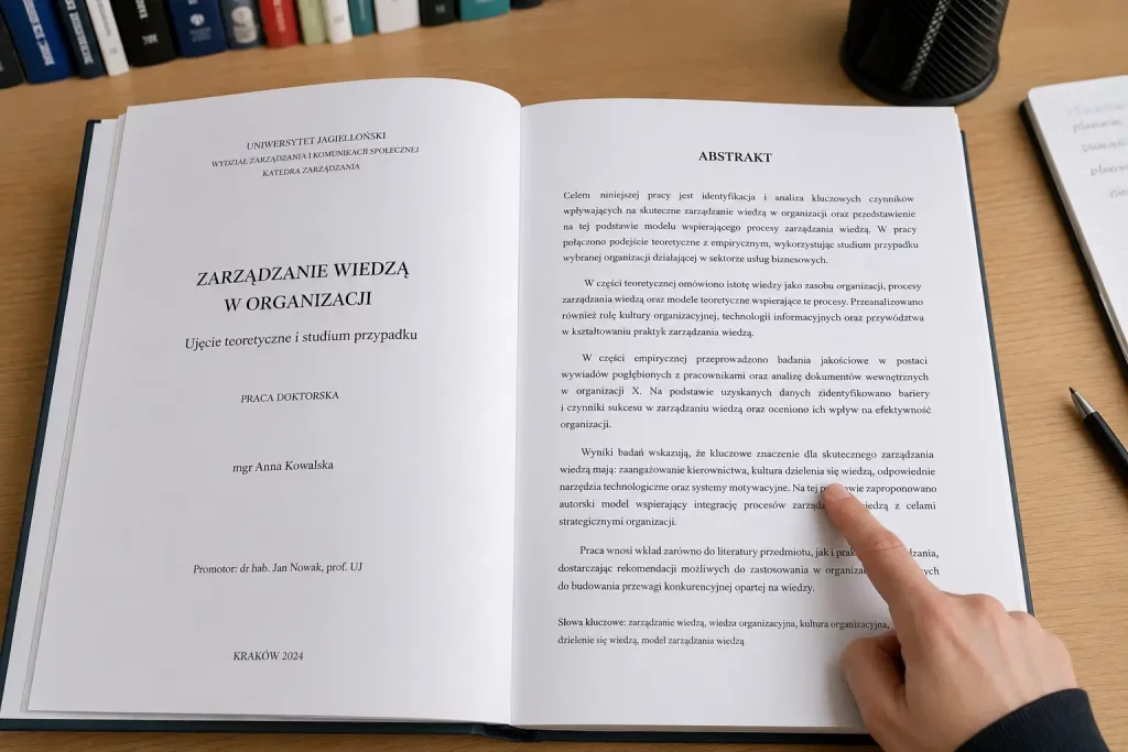 praca dyplomowa otwarta na stronie tytułowej z abstraktem, dłoń wskazuje na fragment