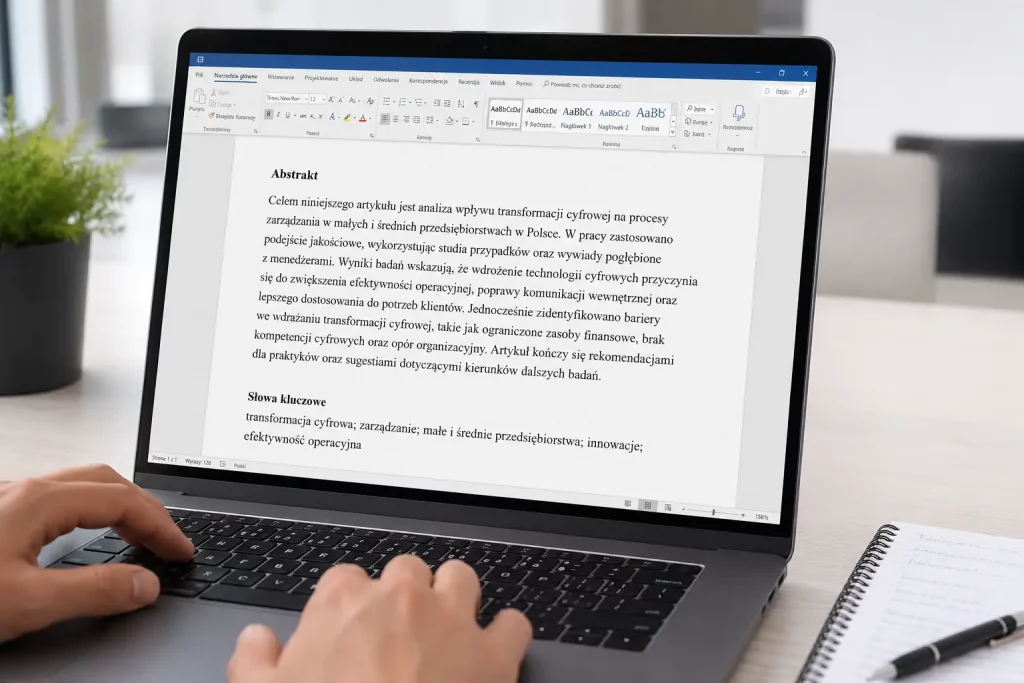ekran laptopa z listą słów kluczowych pod abstraktem, dłonie na klawiaturze