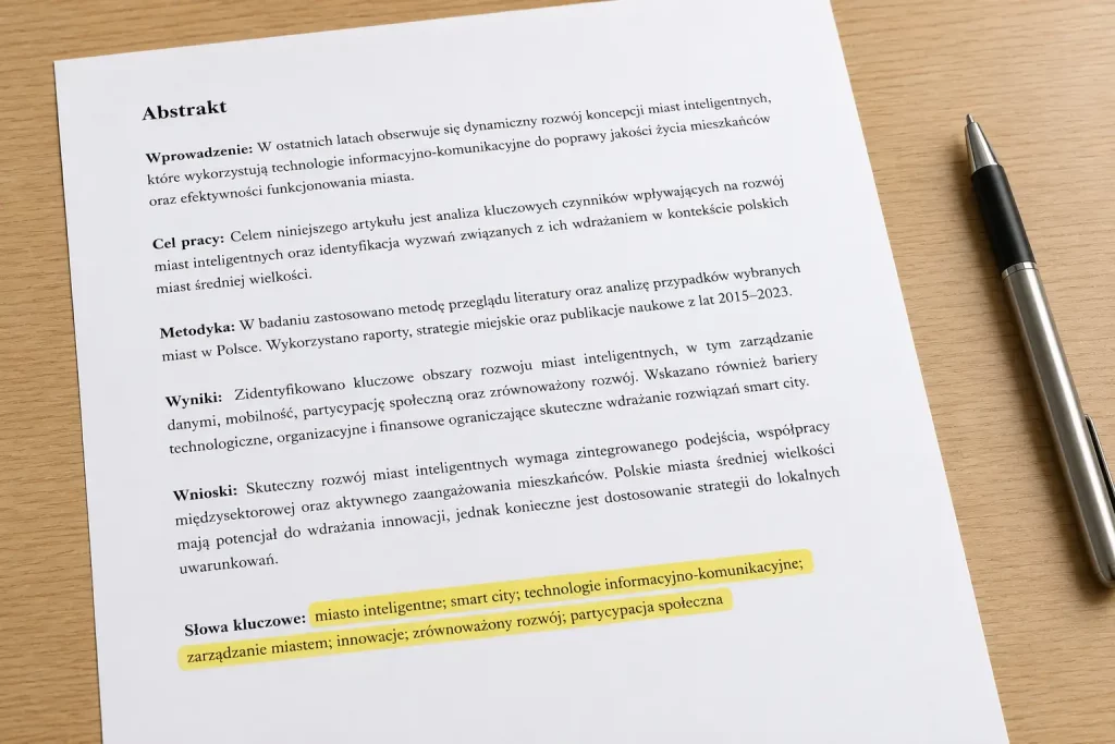 wydrukowany abstrakt z listą słów kluczowych podkreśloną markerem, długopis na boku