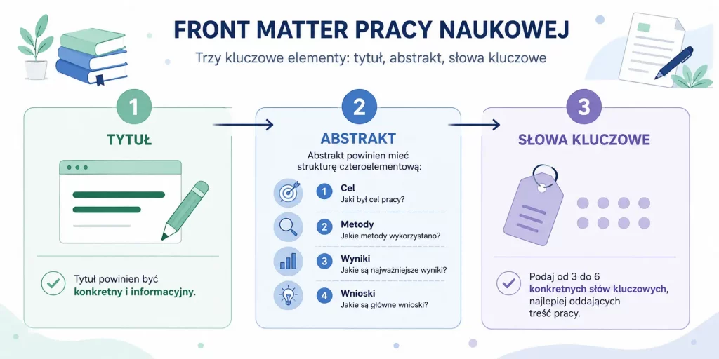 schemat przedstawiający zasady doboru tytułu, abstraktu i słów kluczowych dla pracy naukowej