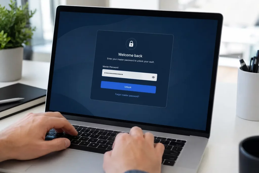 ekran laptopa z oknem logowania do menedżera haseł, dłonie na klawiaturze