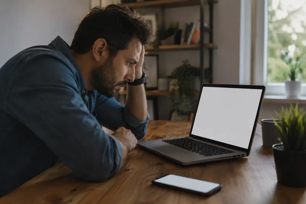 mężczyzna patrzy na pustą stronę dokumentu z wyrazem zniechęcenia, telefon obok