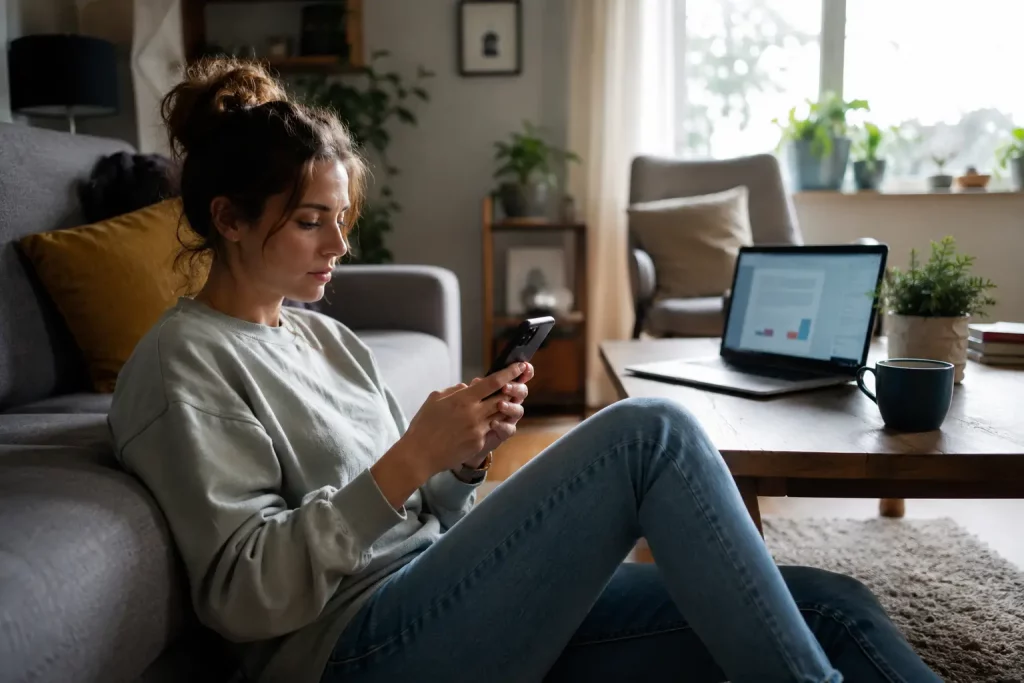 kobieta z telefonem na podłodze salonu, w tle laptop z niedokończoną pracą