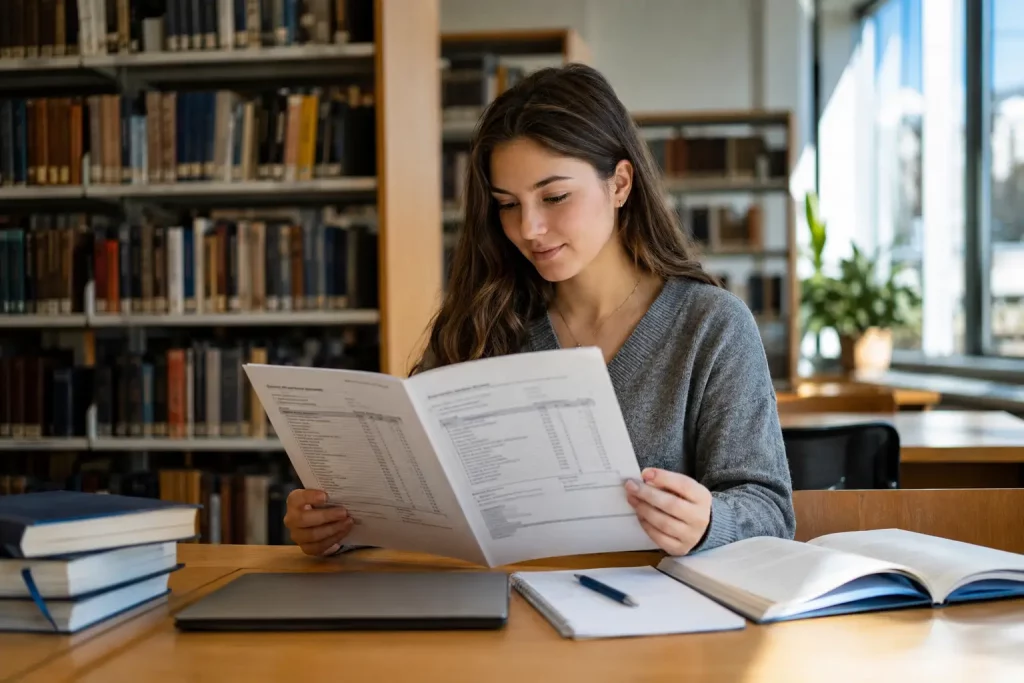 studentka sprawdza suplement do dyplomu z listą zaliczonych przedmiotów, naturalne dzienne światło