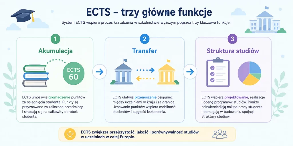 schemat przedstawiający funkcje punktów ECTS – akumulacja, transfer, struktura studiów
