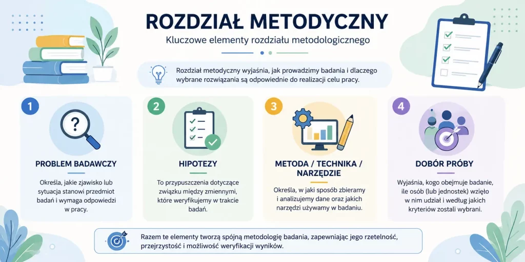 schemat przedstawiający elementy rozdziału metodologicznego – problem, hipotezy, metody, próba badawcza