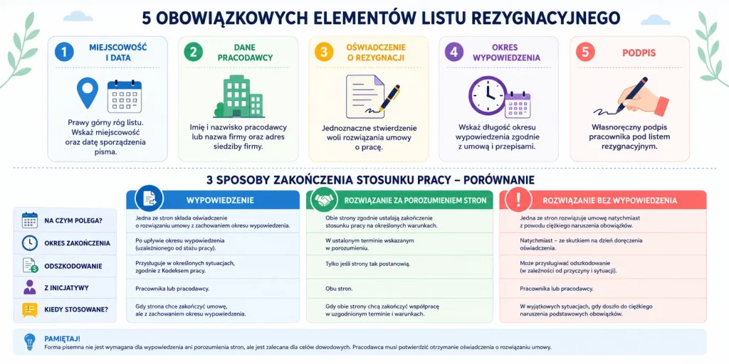  schemat przedstawiający elementy wypowiedzenia umowy o pracę oraz sposoby jej rozwiązania