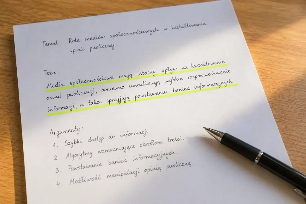 kartka z odręcznie zapisaną tezą rozprawki podkreśloną markerem, długopis obok