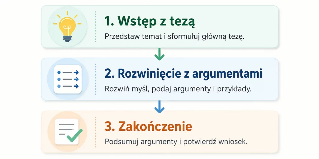 schemat przedstawiający trzyczęściową budowę rozprawki – wstęp z tezą, rozwinięcie z argumentami, zakończenie