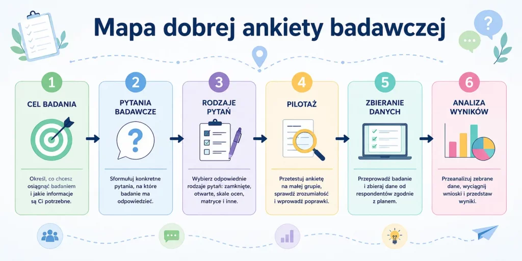 schemat pokazujący kolejność: cel badania, pytania badawcze, typy pytań, pilotaż, zbieranie danych, analiza wyników