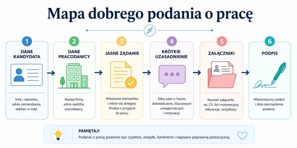 chemat pokazujący kolejność: dane, adresat, prośba, uzasadnienie, załączniki, podpis