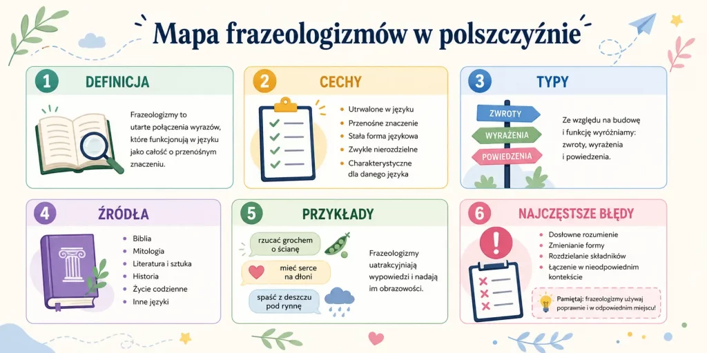 schemat pokazujący definicję, cechy, rodzaje, źródła, przykłady i typowe błędy