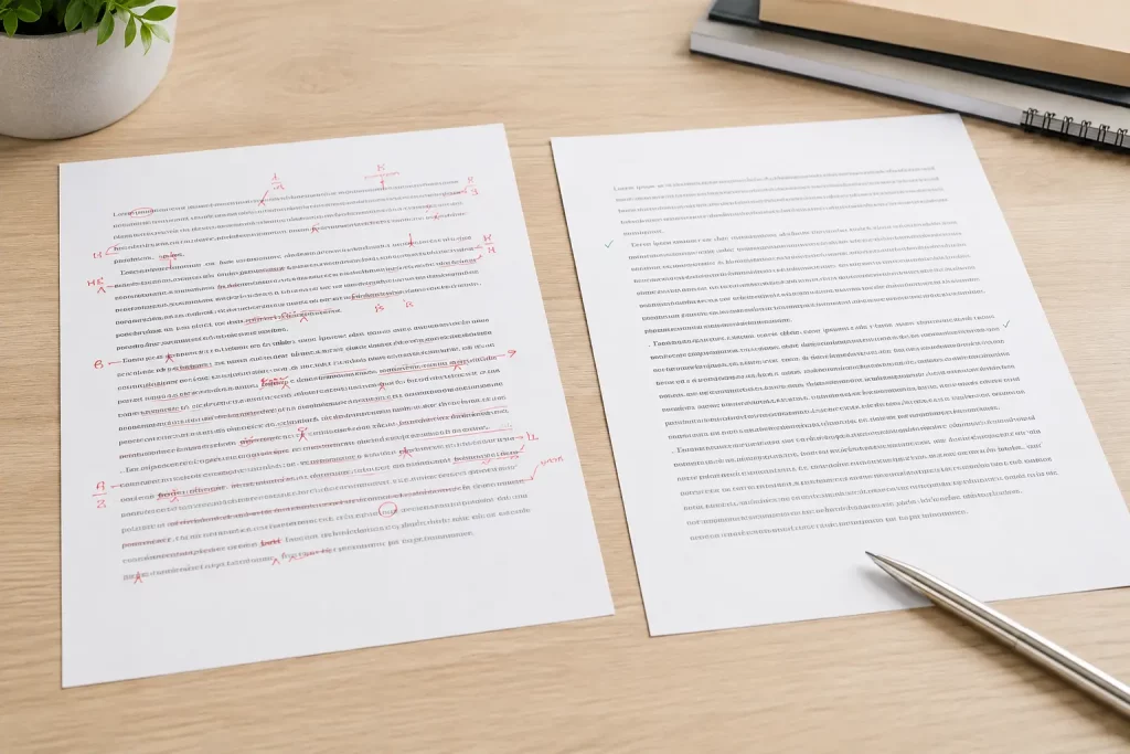 porównanie strony tekstu przed i po korekcie typograficznej