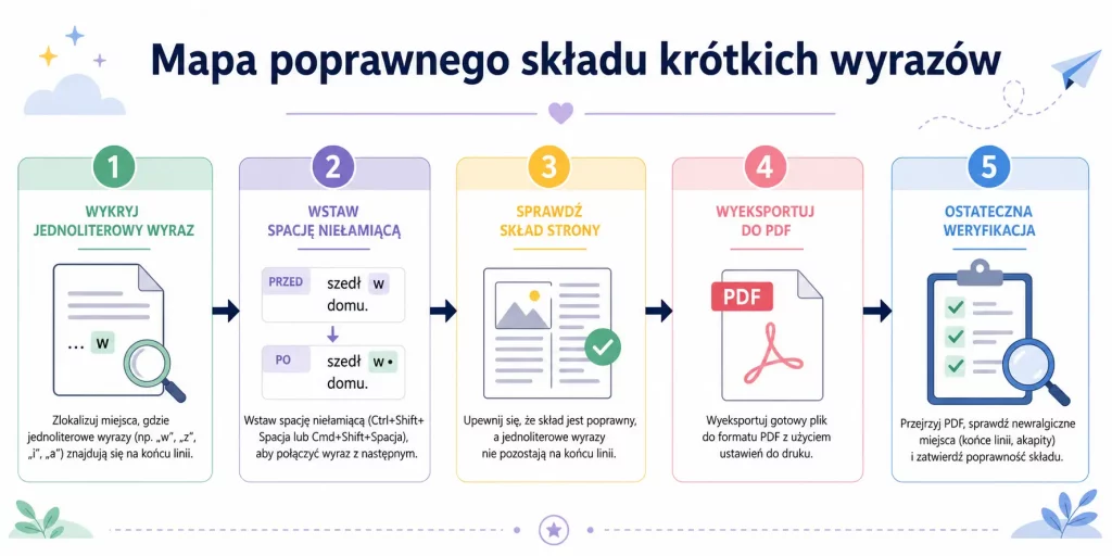 schemat pokazujący: wykryj jednoliterowy wyraz, wstaw twardą spację, sprawdź układ, wyeksportuj PDF, zrób końcową kontrolę