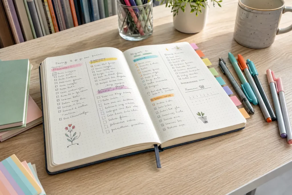 Otwarty bullet journal na biurku z kolorowymi zakładkami i odręcznymi listami zadań, długopisy w różnych kolorach obok
