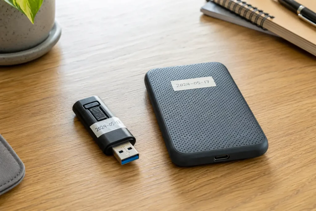 Pendrive i przenośny dysk SSD leżące obok siebie na drewnianym biurku, etykiety z datami widoczne na nośnikach, naturalne dzienne światło. 