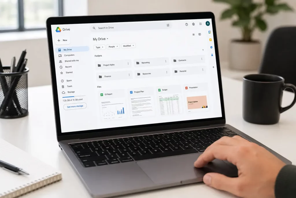 Ekran laptopa z otwartym interfejsem Dysku Google pokazującym foldery i pliki, dłoń na touchpadzie, jasne biurowe oświetlenie.
