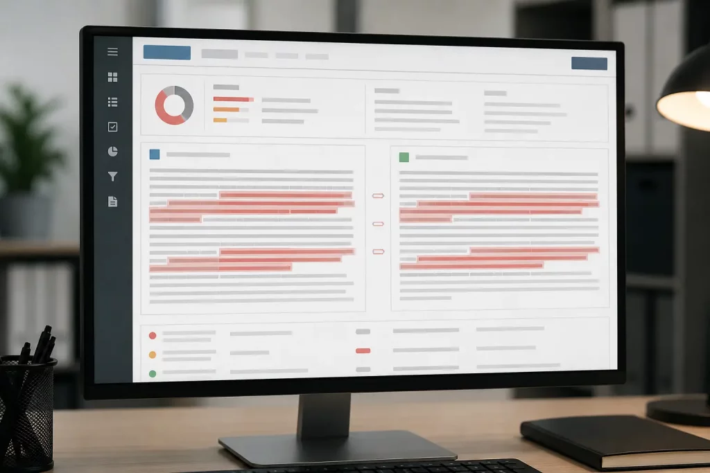 ekran systemu antyplagiatowego z zaznaczonymi fragmentami tekstu