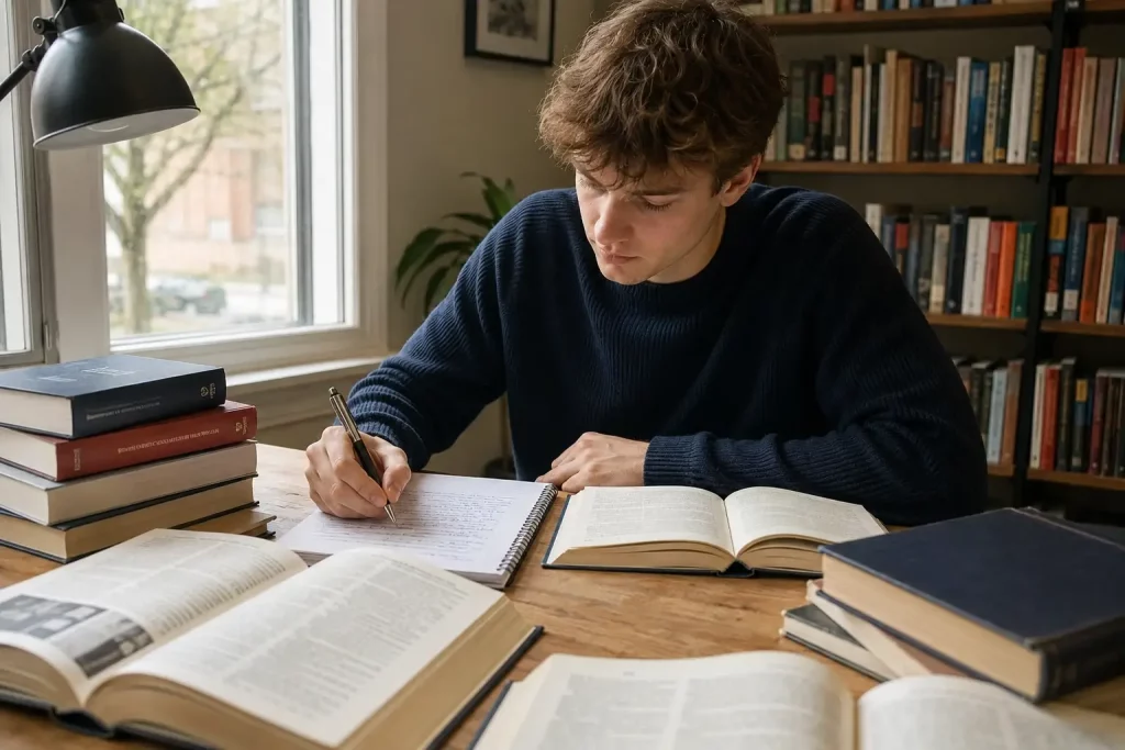 student pracujący przy biurku z otwartymi źródłami i notatnikiem