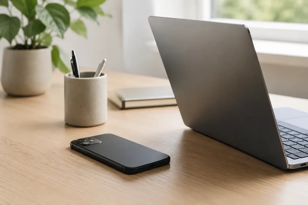 telefon leżący obok laptopa z wyciszonymi powiadomieniami