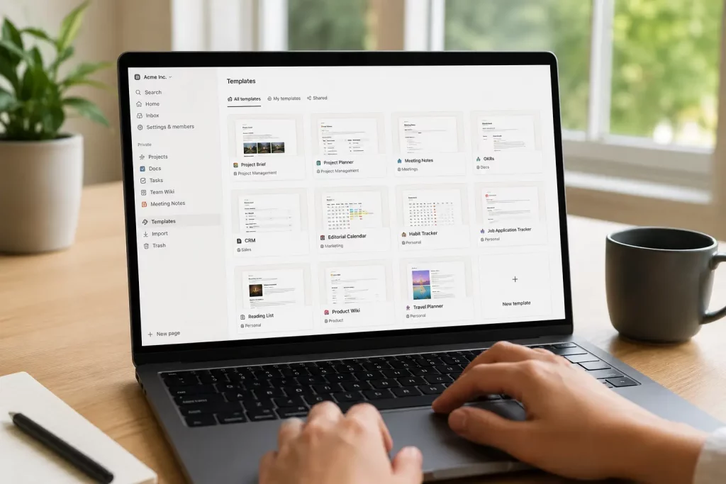 widok galerii szablonów Notion na ekranie laptopa
