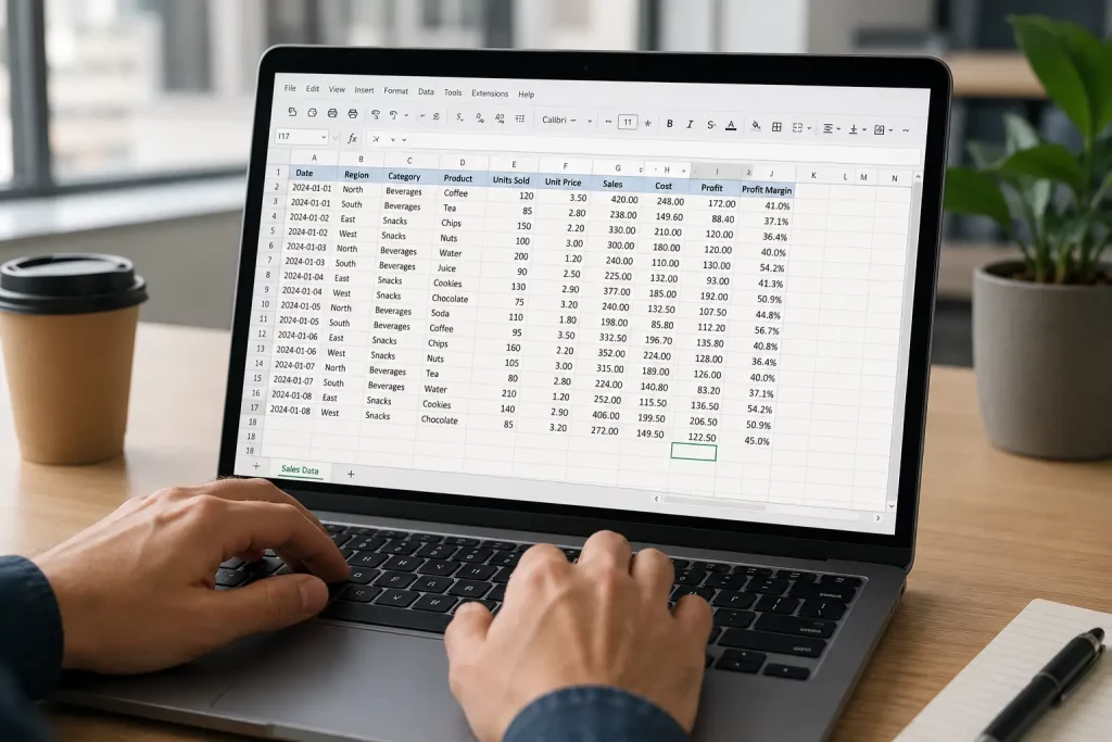 ekran laptopa z otwartym arkuszem kalkulacyjnym