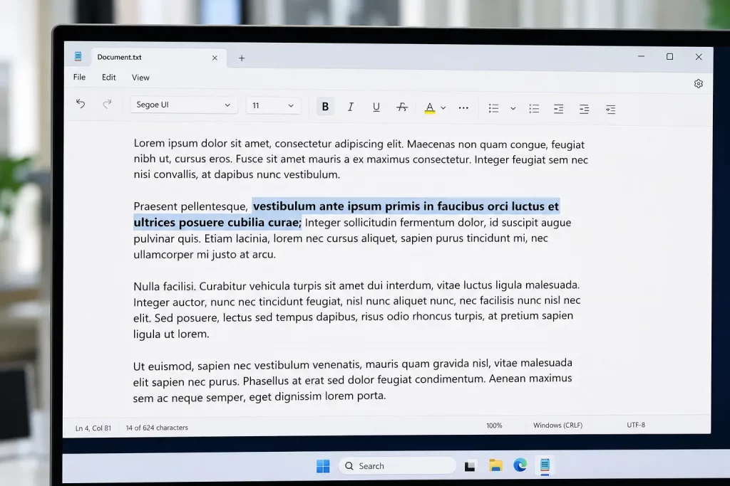 ekran edytora tekstu z zaznaczonym, pogrubionym fragmentem