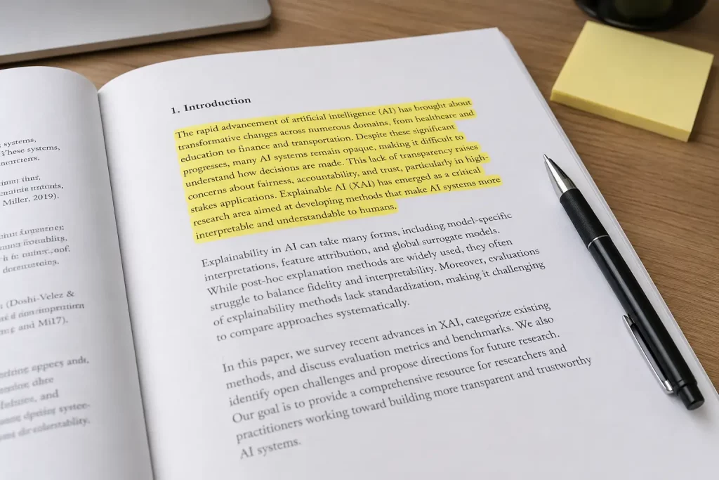 otwarta praca naukowa z zaznaczonym pierwszym akapitem