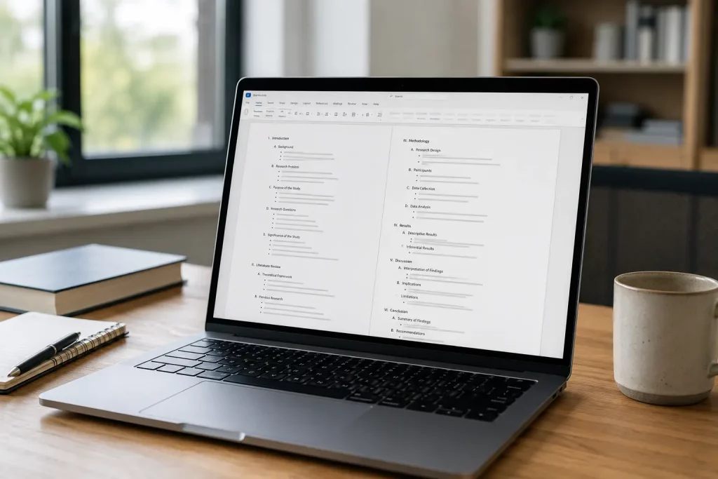 ekran laptopa z otwartym konspektem pracy naukowej