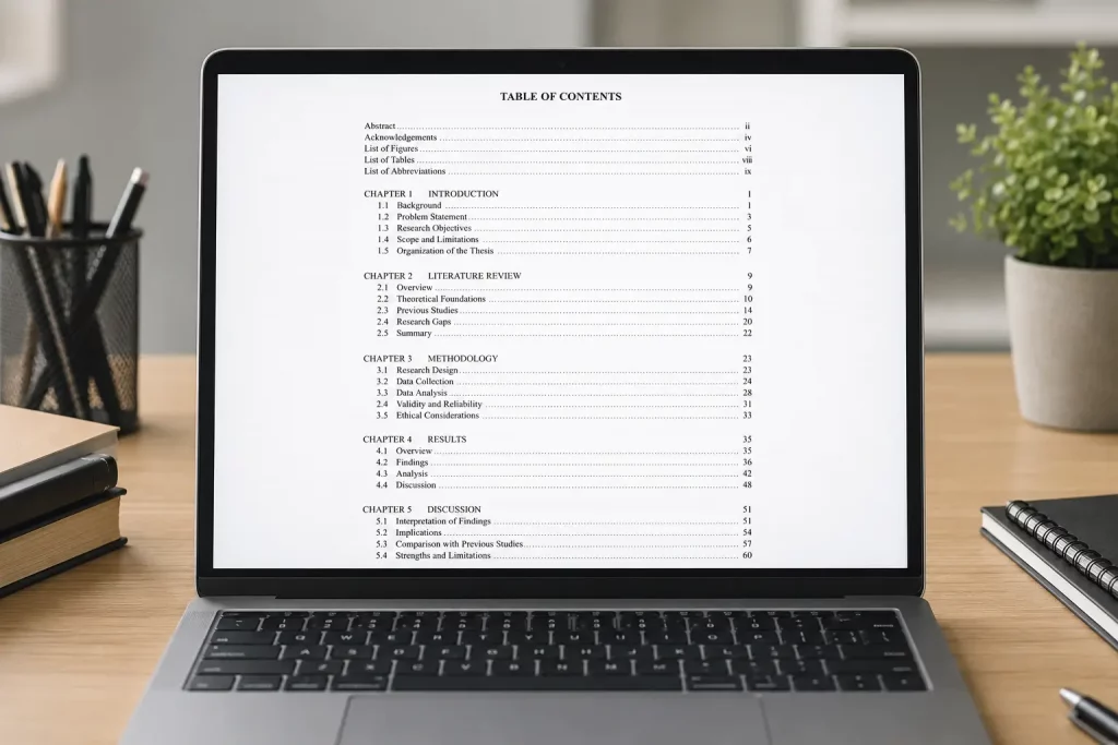 spis treści pracy magisterskiej widoczny na ekranie laptopa
