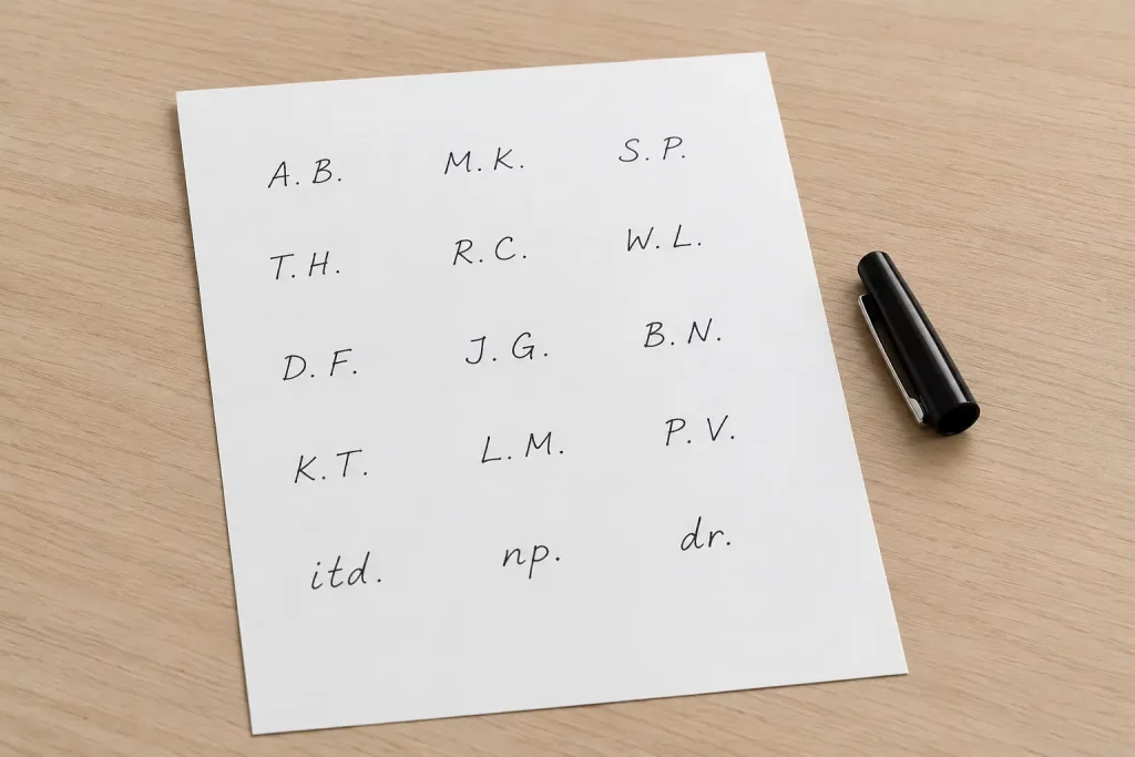 Kartka z zapisanymi odręcznie inicjałami i przykładami bibliograficznymi leżąca na biurku