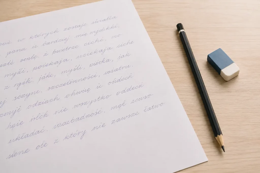 Kartka z odręcznie napisanym tekstem polskim leżąca na jasnym biurku, obok ołówek i gumka