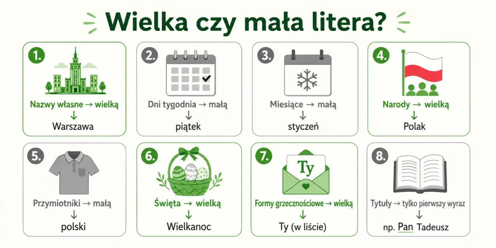 Schemat zatytułowany "Wielka czy mała litera?" z ośmioma kategoriami: nazwy własne, dni tygodnia, miesiące, narodowości, przymiotniki, święta, formy grzecznościowe, tytuły — z przykładami i kolorem wyróżniającym pisownię poprawną