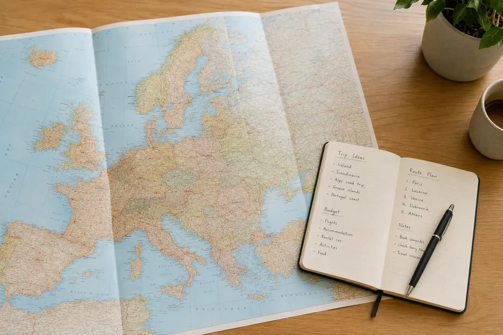 Otwarta mapa Europy leżąca na biurku, obok niej notatnik z odręcznymi zapiskami i długopis