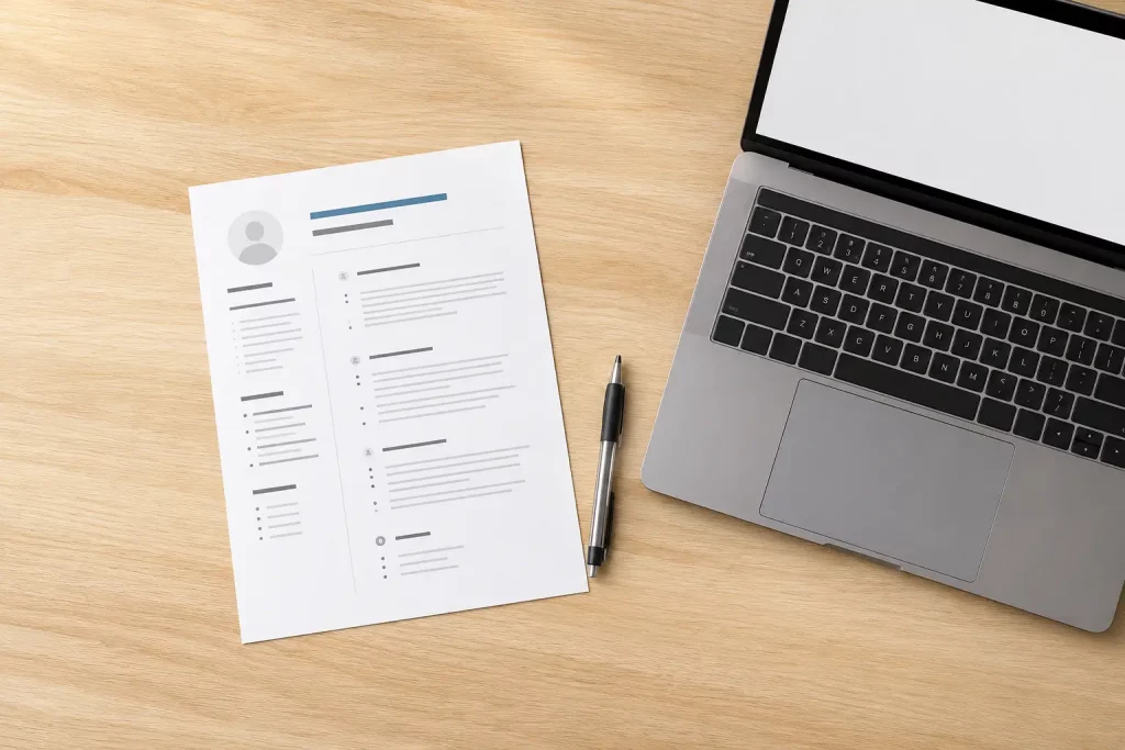 Wydrukowany dokument CV leżący na jasnym biurku obok długopisu i laptopa z otwartym ekranem