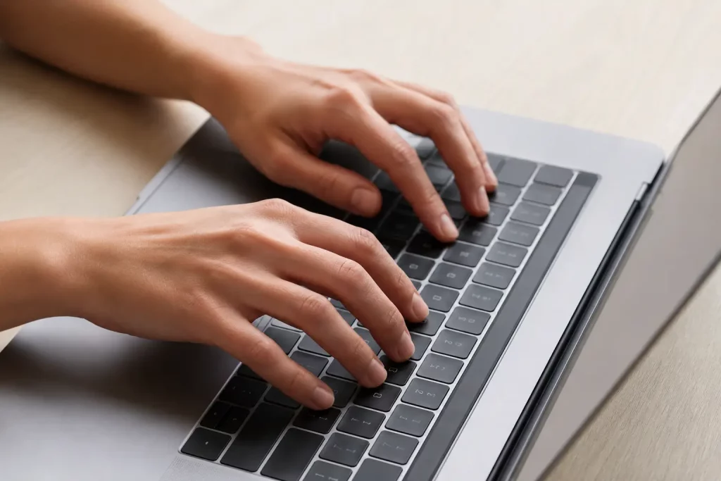 Klawiatura laptopa z widocznym ekranem, na którym otwarty jest edytor tekstowy z dokumentem — jasne tło, żadnego czytelnego tekstu na ekranie