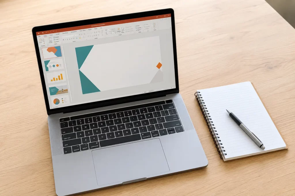  Laptop z otwartym programem do prezentacji na ekranie, leżący na jasnym biurku obok notatnika i długopisu