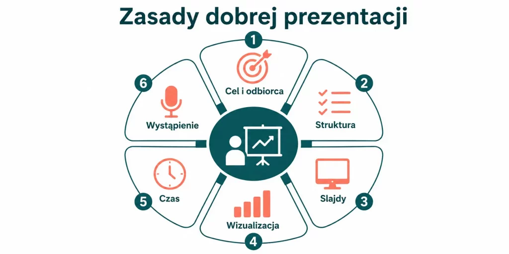 Schemat zatytułowany "Zasady dobrej prezentacji" z sześcioma elementami ułożonymi w okrąg: cel i odbiorca, struktura, slajdy, wizualizacja, czas, wystąpienie — każdy element z ikoną i krótkim opisem
