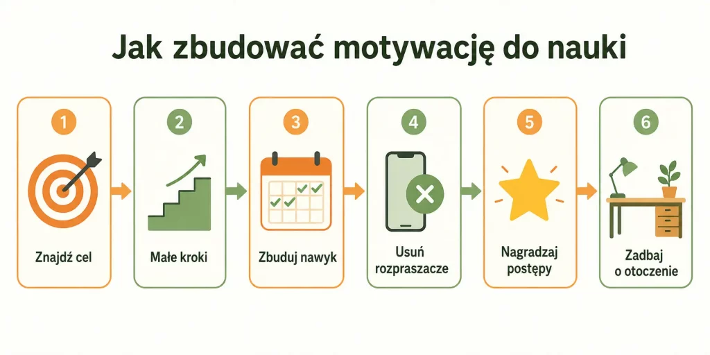 Schemat zatytułowany "Jak zbudować motywację do nauki" z sześcioma elementami: znajdź cel, małe kroki, nawyk, eliminuj rozpraszacze, nagradzaj postępy, zadbaj o otoczenie — każdy element z ikoną i krótkim opisem