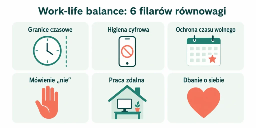 Schemat zatytułowany "Work-life balance: 6 filarów równowagi" z sześcioma elementami: granice czasowe, higiena cyfrowa, czas wolny, mówienie nie, praca zdalna, dbanie o siebie — każdy z ikoną i krótkim opisem