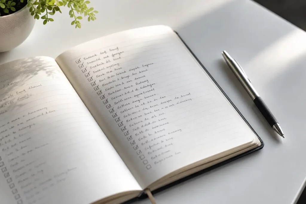 Notes leżący otwarty na stronie z odręcznie zapisaną listą małych celów i osiągnięć — długopis obok, jasne tło, widok z góry