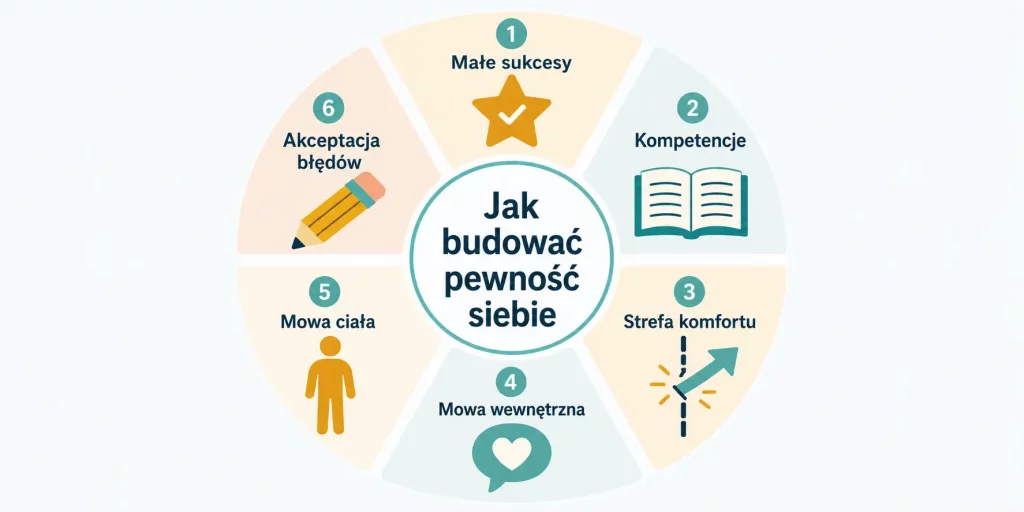Schemat zatytułowany "Jak budować pewność siebie" z sześcioma elementami: małe sukcesy, kompetencje, strefa komfortu, mowa wewnętrzna, mowa ciała, akceptacja błędów — każdy z ikoną i krótkim opisem