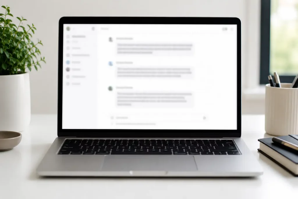 Ekran laptopa z widocznym interfejsem chatbota tekstowego — kilka linii dialogu na białym tle, żadnego czytelnego tekstu, jasne oświetlenie pomieszczenia
