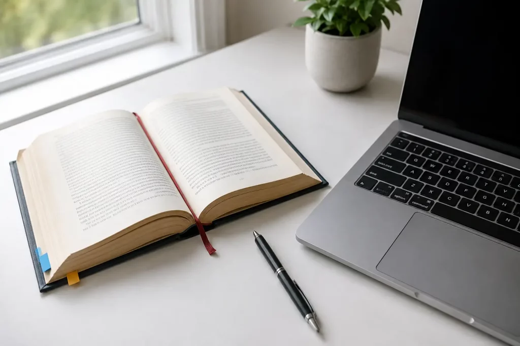  Otwarta książka z zakładkami i długopis leżące obok klawiatury laptopa na jasnym biurku — widoczne dwa oddzielne obiekty w jednym kadrze, naturalne światło