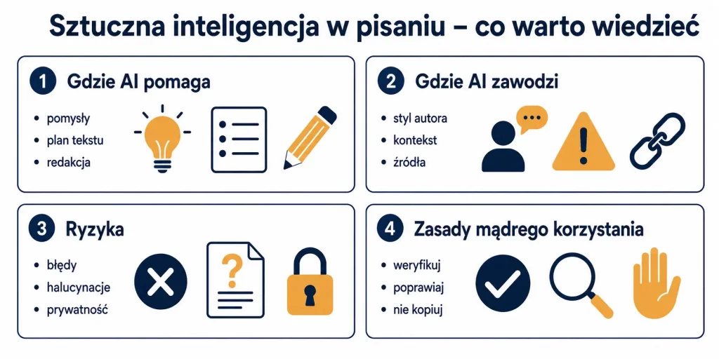 Schemat zatytułowany "Sztuczna inteligencja w pisaniu – co warto wiedzieć" z czterema sekcjami: Gdzie AI pomaga, Gdzie AI zawodzi, Ryzyka, Zasady mądrego korzystania — każda sekcja z ikonami i krótkimi punktami