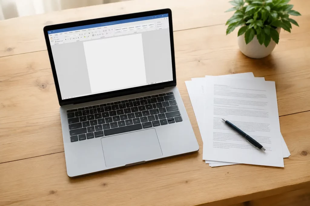 Laptop z otwartym dokumentem tekstowym na ekranie, leżący na jasnym biurku obok wydrukowanych stron i długopisu