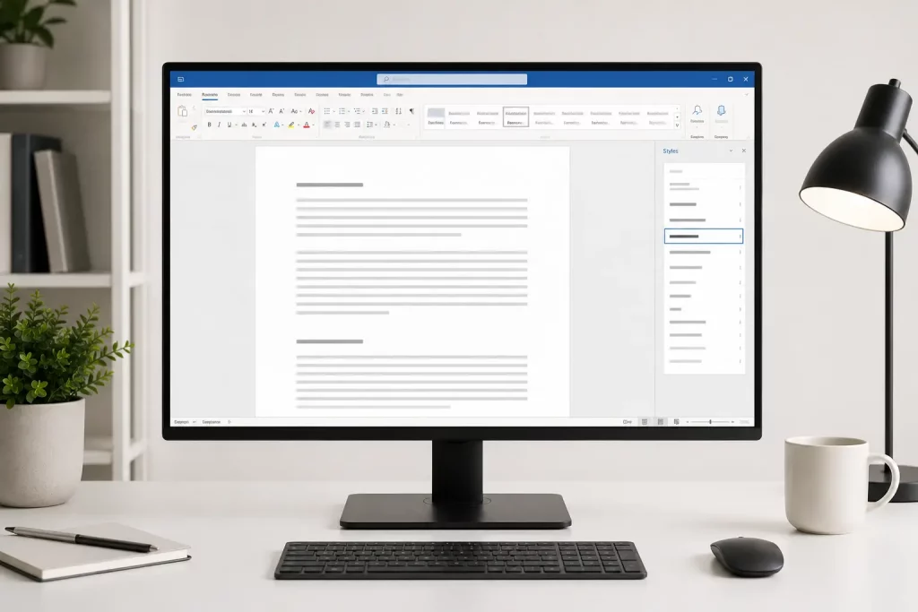 Ekran komputera z otwartym programem Microsoft Word, widoczne menu ustawień strony z polami marginesów — żadnego czytelnego tekstu, jasne tło interfejsu