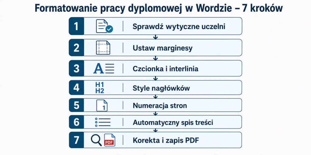 Schemat zatytułowany "Formatowanie pracy dyplomowej w Wordzie – 7 kroków" z siedmioma etapami ułożonymi pionowo: wytyczne uczelni, marginesy, czcionka i interlinia, style nagłówków, numeracja stron, spis treści, korekta i zapis — każdy etap z ikoną