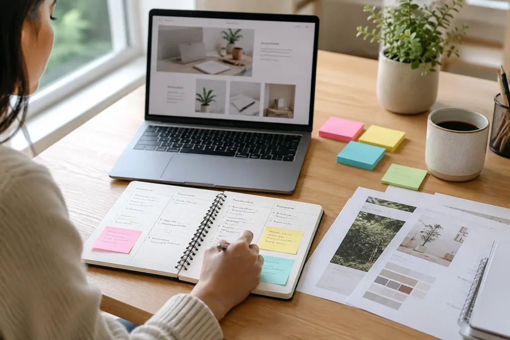 Początkujący freelancer planujący ofertę przy jasnym biurku, laptop, notes z kategoriami usług i próbki portfolio