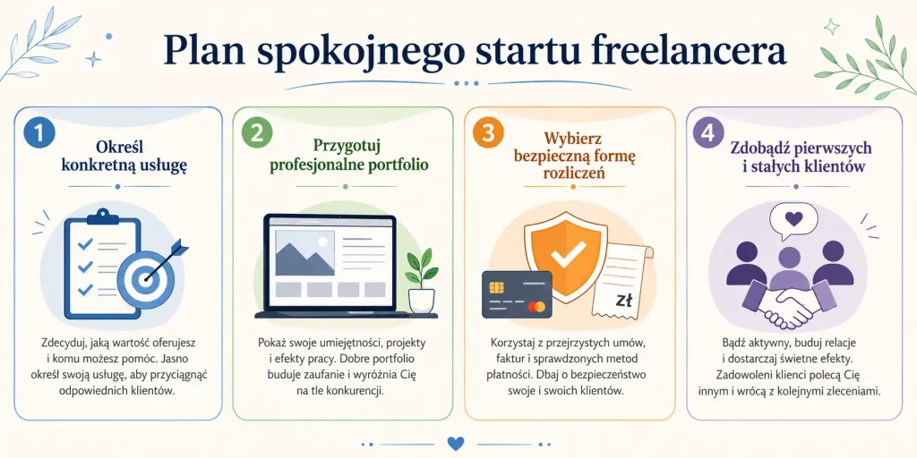 „Plan spokojnego startu freelancera” — cztery etapy: określenie usługi, przygotowanie portfolio, wybór rozliczeń, zdobywanie stałych klientów